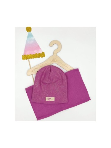 Komplet czapka plus komin PRĄŻEK Z POŁYSKUJĄCYMI DROBINKAM i naszywką MIKI