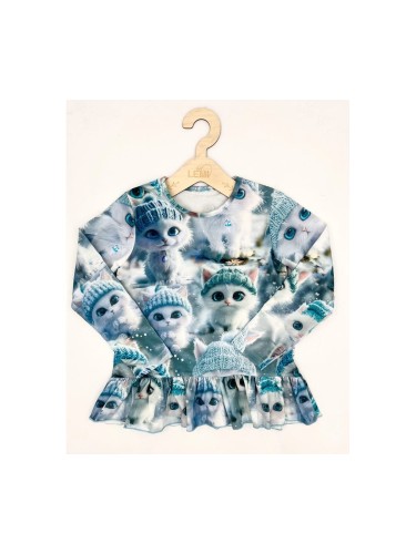 Bluzka dziewczęca bawełna długi rękaw falbanka KOTKI W CZAPKACH Aipi