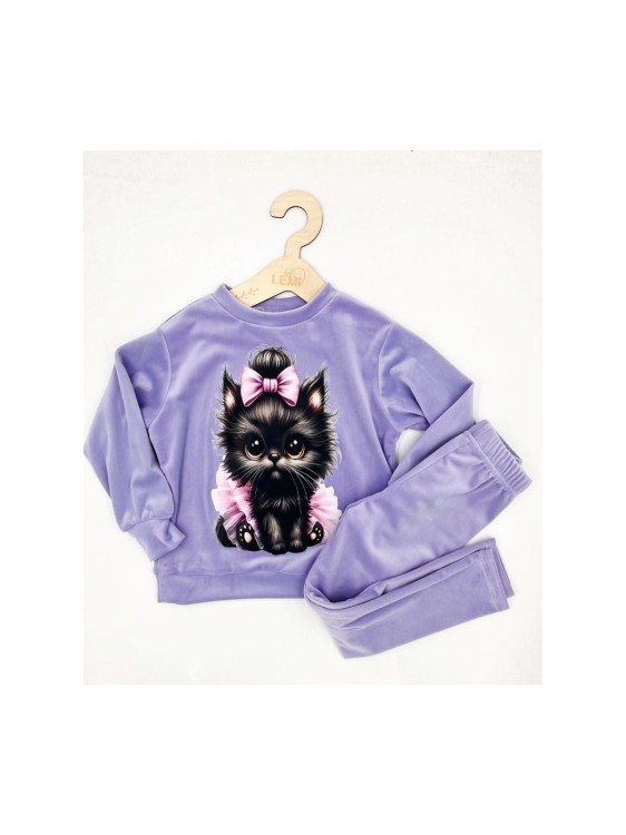 Dres dziewczęcy welurowy dwuczęściowy Lambda kot
